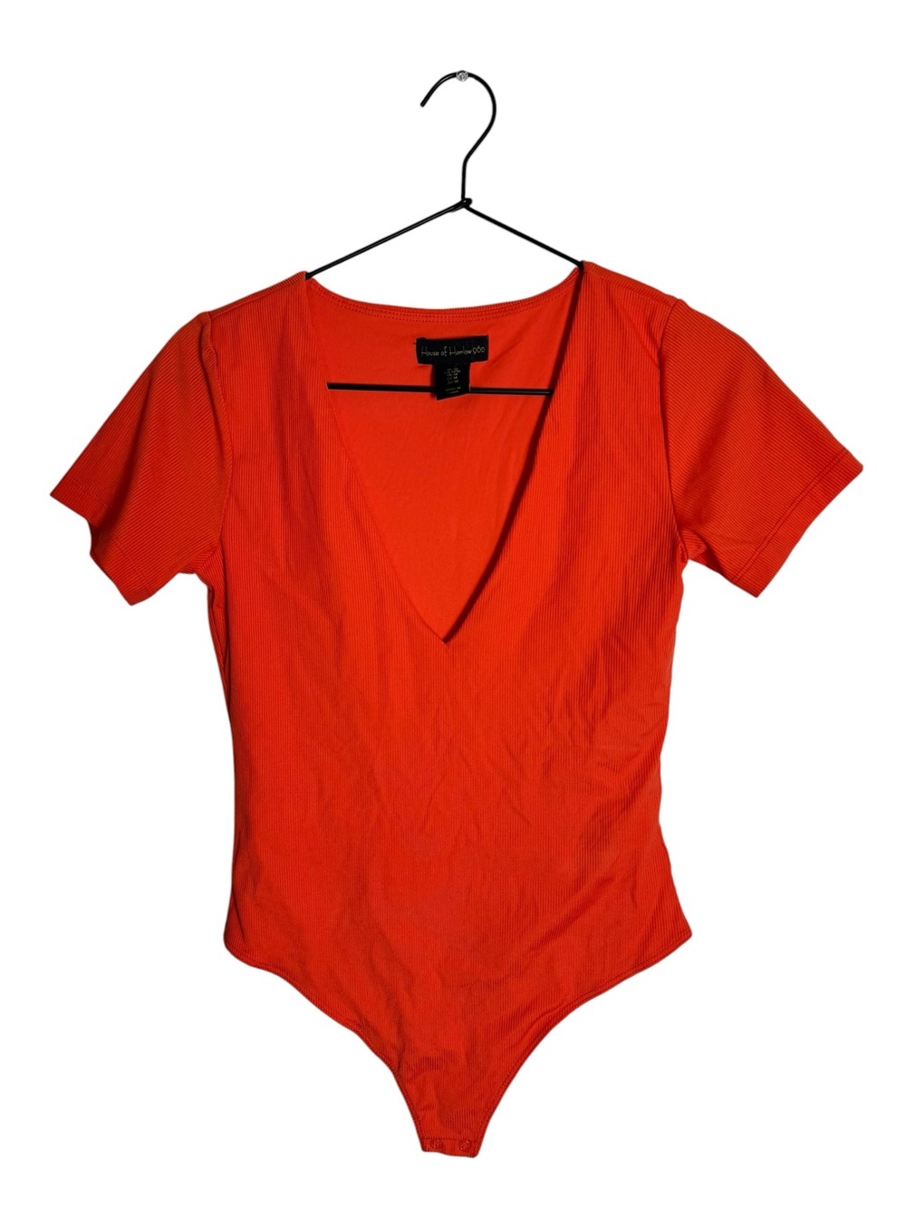 House of Harlow 1960 Red Orange Deep V-Neck Ribbed Bodysuit Short Sleeve